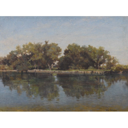 ARTHUR (EIGTL. JEAN BAPTISTE ARTHUR) CALAME : Sonniges Ufer mit sich spiegelnden B�umen im Wasser (DOBIASCHOFSKY AUKTIONEN AG)