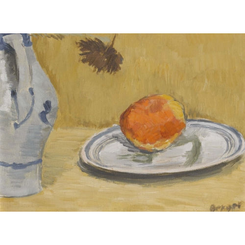 HANS BERGER : Stillleben mit Apfel, Zinnteller und Steinzeugkrug (DOBIASCHOFSKY AUKTIONEN AG)