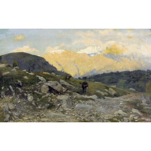 EUGENIO SPREAFICO : Abendstimmung auf der Alp mit weidenden K�hen (DOBIASCHOFSKY AUKTIONEN AG)