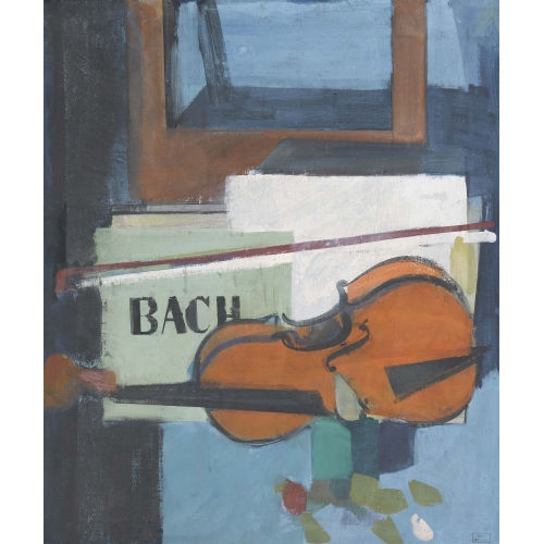 HANS ROHNER : Komposition mit Violine und Notenbuch von J.S. Bach (DOBIASCHOFSKY AUKTIONEN AG)
