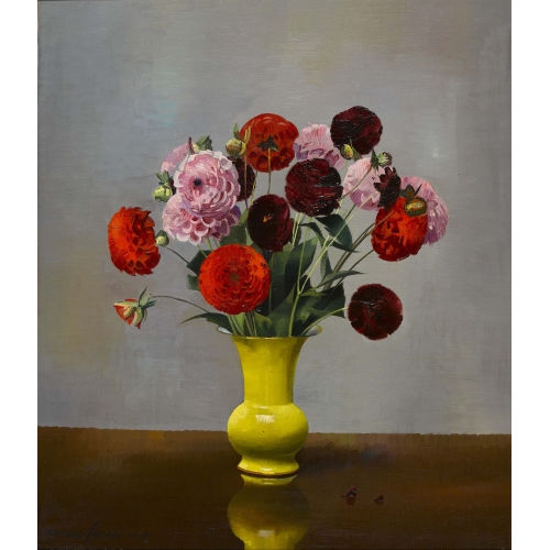 MARCUS JACOBI : Stillleben mit Dahlien in gelber Vase (DOBIASCHOFSKY AUKTIONEN AG)