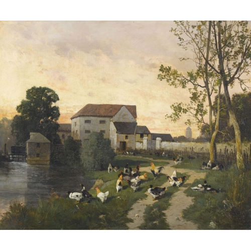HENRY VAN WYK : Abendliche Stimmung mit H�hnern am Weiher (DOBIASCHOFSKY AUKTIONEN AG)