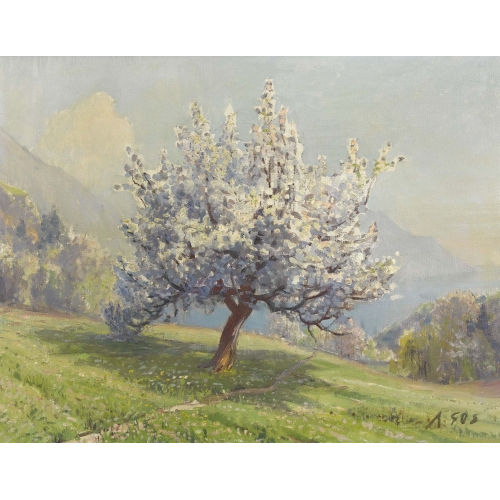 ALBERT HENRY JOHN GOS : Bl�hender Apfelbaum oberhalb eines Sees (DOBIASCHOFSKY AUKTIONEN AG)