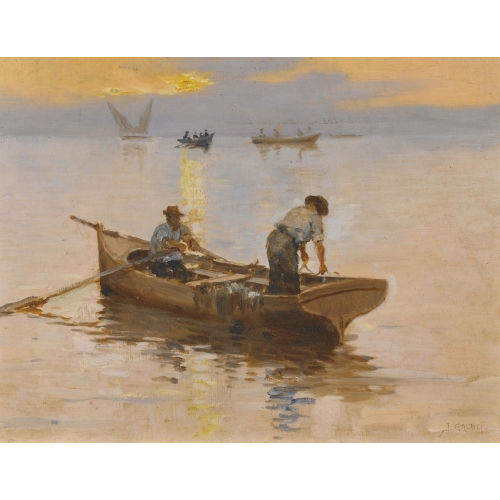 JULES GACHET : Abendliche Stimmung auf dem Genfersee mit Fischern (DOBIASCHOFSKY AUKTIONEN AG)