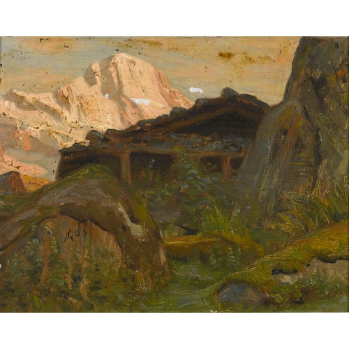 ALBERT HENRY JOHN GOS : H�tte mit Bergpanorama (DOBIASCHOFSKY AUKTIONEN AG)