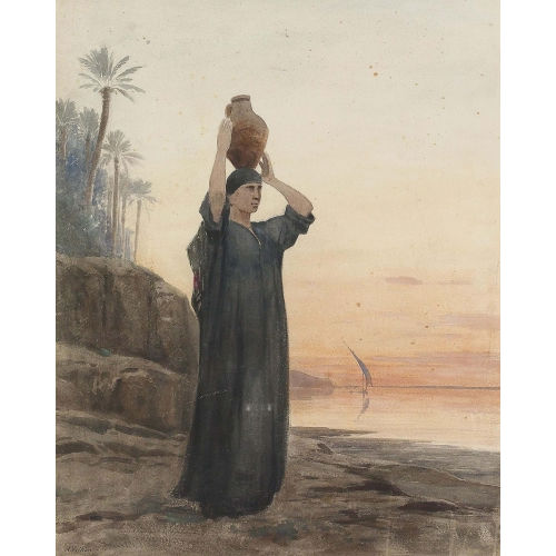 AUGUSTE LOUIS VEILLON : Orientalin mit Wasserkrug an einem Strand (DOBIASCHOFSKY AUKTIONEN AG)