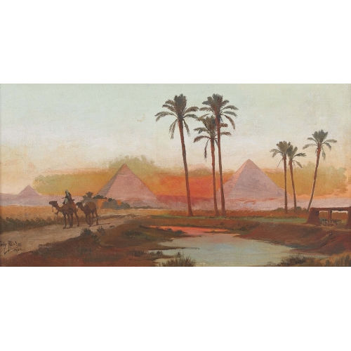TONY BINDER : �gypter mit Kamelen vor den Pyramiden von Gizeh (DOBIASCHOFSKY AUKTIONEN AG)