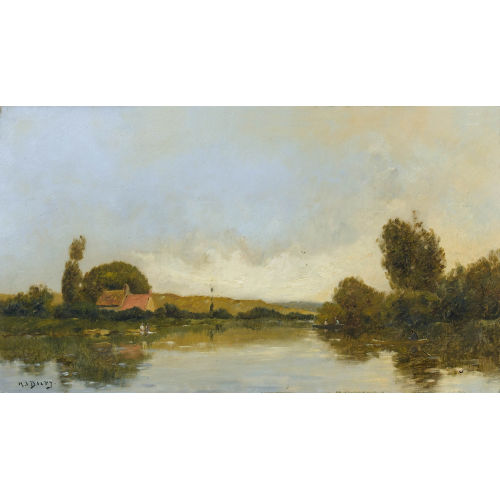 HENRI-JACQUES DELPY : Abendliche Stimmung am Flussufer mit Geh�ft (DOBIASCHOFSKY AUKTIONEN AG)