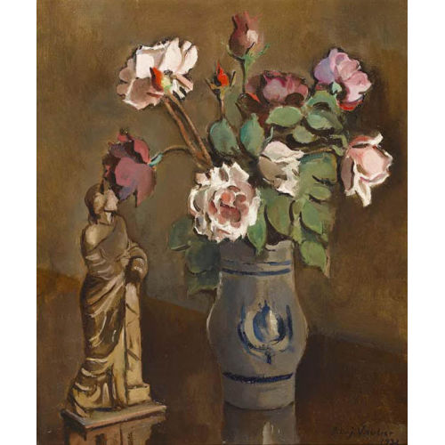 BENJAMIN II VAUTIER : Stillleben mit Rosen im Steinzeugkrug und Figur (DOBIASCHOFSKY AUKTIONEN AG)