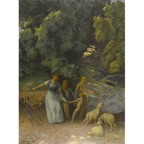 EMIL WEBER : Waldlandschaft mit Familie und Schafen (DOBIASCHOFSKY AUKTIONEN AG)
