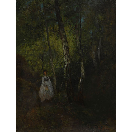 OCTAVE ALFRED SAUNIER : Waldweg mit Dame im weissen Kleid (DOBIASCHOFSKY AUKTIONEN AG)