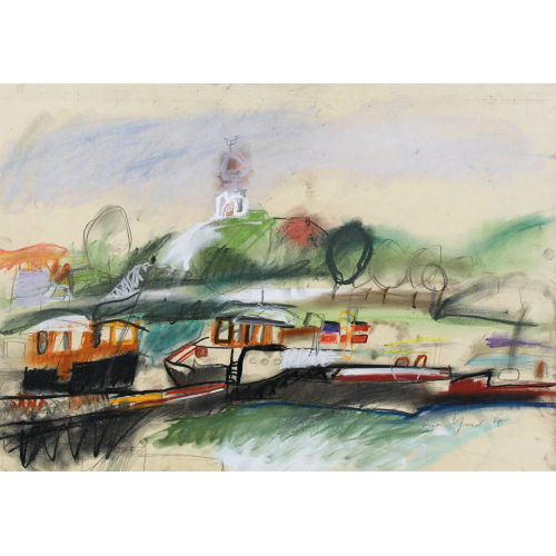ROGER PFUND : Hafen mit Stadt im Hintergrund (DOBIASCHOFSKY AUKTIONEN AG)
