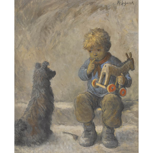 KARL SCHENK : Spielender Knabe mit Holzpferd und Hund (DOBIASCHOFSKY AUKTIONEN AG)