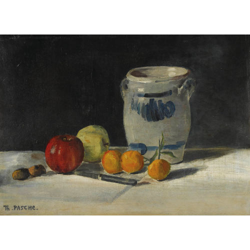 TH�ODORE PASCHE : Stillleben mit Obst, N�ssen, Messer und Steinzeugtopf (DOBIASCHOFSKY AUKTIONEN AG)
