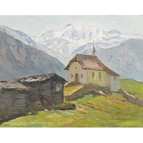 HENRI �DOUARD HUGUENIN-VIRCHAUX : 'Chapelle de la Bettmeralp et le Fletschhorn' (DOBIASCHOFSKY AUKTIONEN AG)