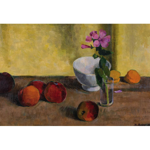 FRITZ RYSER : Stillleben mit Pfirsichen und einer Blume im Glas (DOBIASCHOFSKY AUKTIONEN AG)