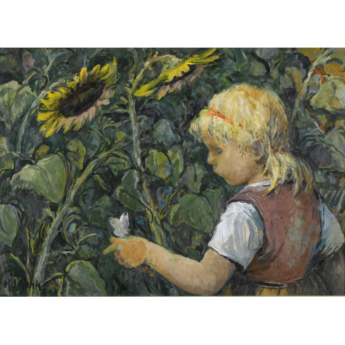 KARL SCHENK : M�dchen mit Schmetterling im Sommerblumenfeld (DOBIASCHOFSKY AUKTIONEN AG)