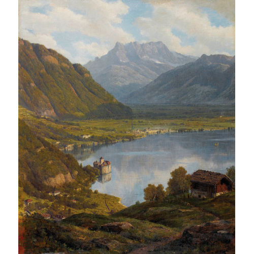 ALFRED CHAVANNES : Lac L�man avec Ch�teau Chillon et Dents du Midi (DOBIASCHOFSKY AUKTIONEN AG)