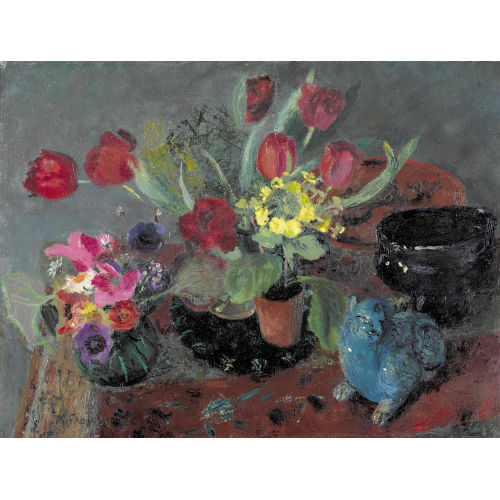 MARGUERITE FREY-SURBEK : Blumen, Gef�sse und t�rkisblaue Keramikkatze (DOBIASCHOFSKY AUKTIONEN AG)
