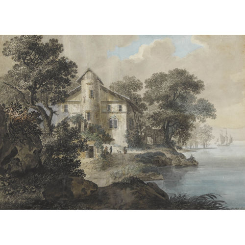 JEAN-ANTOINE LINCK : Stimmungsvolle Uferszene mit alter Herberge und Figuren (DOBIASCHOFSKY AUKTIONEN AG)