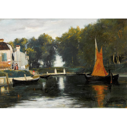 ALFRED-HENRI BERTHOUD : Sommerliche Uferpartie (DOBIASCHOFSKY AUKTIONEN AG)