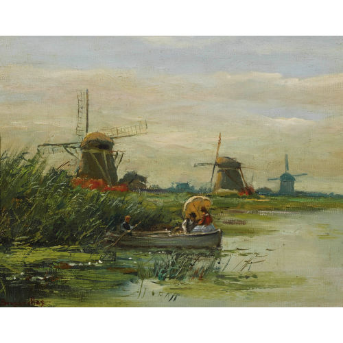 VICTOR BRUGAIROLLES : Windm�hlen am Ufer mit Ruderboot (DOBIASCHOFSKY AUKTIONEN AG)