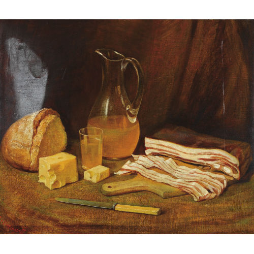 EGON VON VIETINGHOFF : Stillleben mit Speck, K�se, Brot und Karaffe (DOBIASCHOFSKY AUKTIONEN AG)