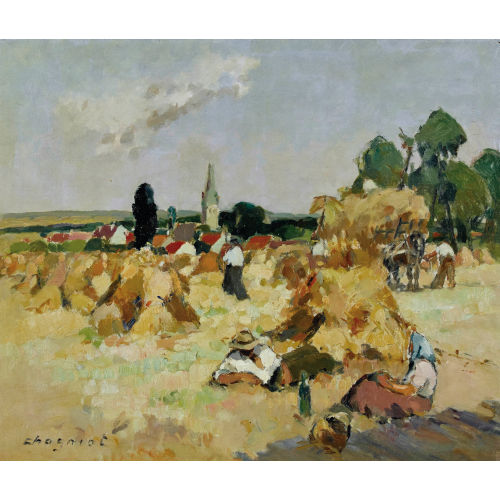 ALFRED JEAN CHAGNIOT : Rastende Bauern zwischen Heuschobern auf dem Feld (DOBIASCHOFSKY AUKTIONEN AG)