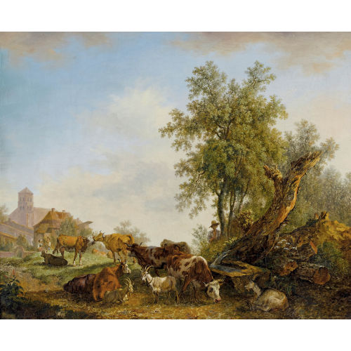 PIERRE-LOUIS DE LA (AUCH LARIVE-GODEFROY RIVE : 'Repos d′animaux pr�s d′une fontaine rustique dans les alentours d′un village' (DOBIASCHOFSKY AUKTIONEN AG)