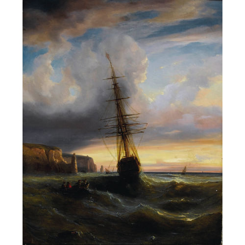 ALEXANDRE CALAME : Felsige Meeresk�ste mit Segelschiff im Abendrot (DOBIASCHOFSKY AUKTIONEN AG)