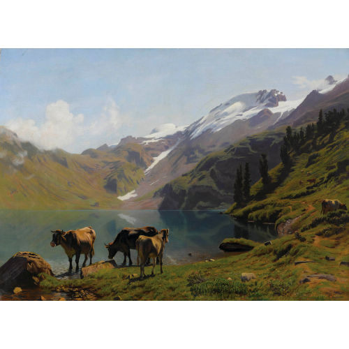 ALBERT LUGARDON : Weidende K�he am Engstlensee mit Wendest�cken (DOBIASCHOFSKY AUKTIONEN AG)
