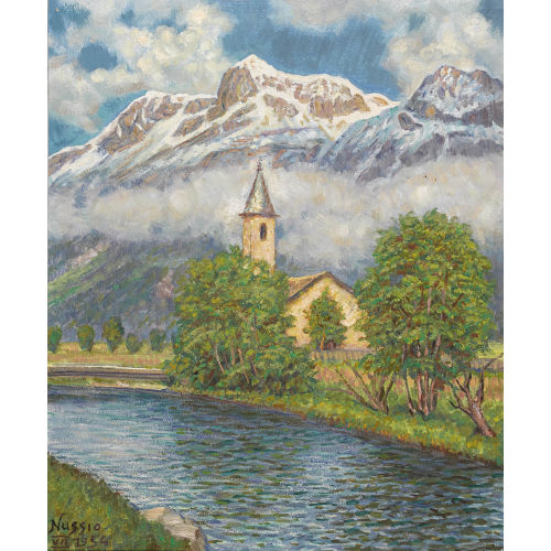 OSCAR NUSSIO : Berglandschaft mit Fluss und Kirche (DOBIASCHOFSKY AUKTIONEN AG)