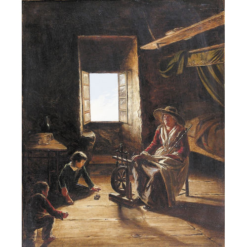 JOSEPH HORNUNG : Interieur mit betagter Spinnerin und spielenden Kindern (DOBIASCHOFSKY AUKTIONEN AG)