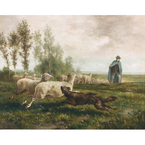 ENRICO MENEGHELLI : Weidelandschaft mit Hirten, Herde und Hund (DOBIASCHOFSKY AUKTIONEN AG)