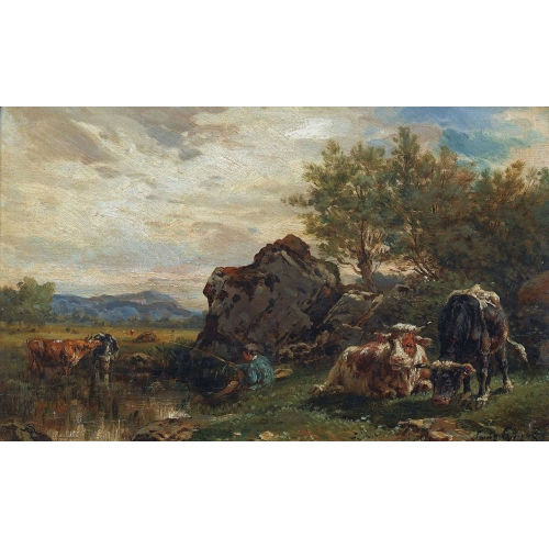 LOUIS JEAN BAPTISTE GUY : Landschaftspartie mit Angler und Rindern (DOBIASCHOFSKY AUKTIONEN AG)