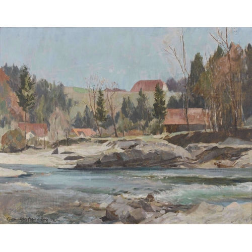 LEO KALMUS : Herbstliche Flusspartie mit Bauernh�usern (DOBIASCHOFSKY AUKTIONEN AG)