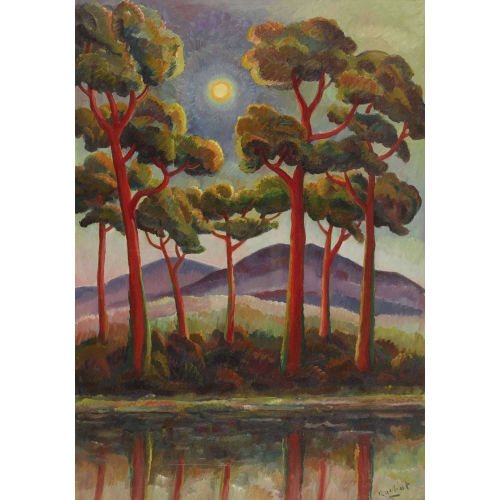 WILLY JAMES ROCHAT : Les pins parasols au coucher de soleil (DOBIASCHOFSKY AUKTIONEN AG)