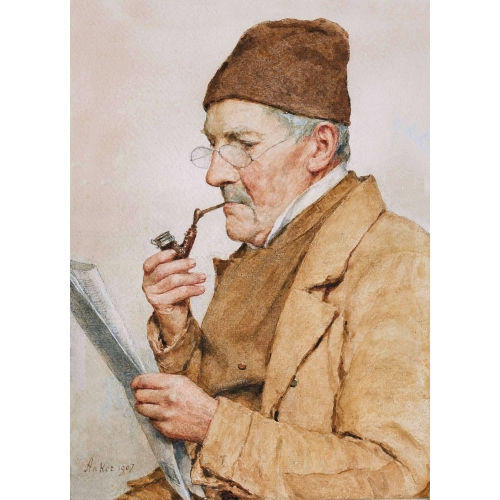 ALBERT ANKER : Alter Pfeifenraucher bei der Lekt�re des Seel�nder Boten (DOBIASCHOFSKY AUKTIONEN AG)