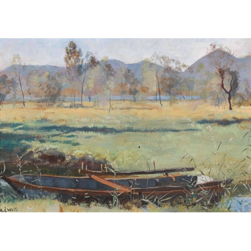 ALBERT JAKOB WELTI : Uferlandschaft mit Ruderboot (DOBIASCHOFSKY AUKTIONEN AG)