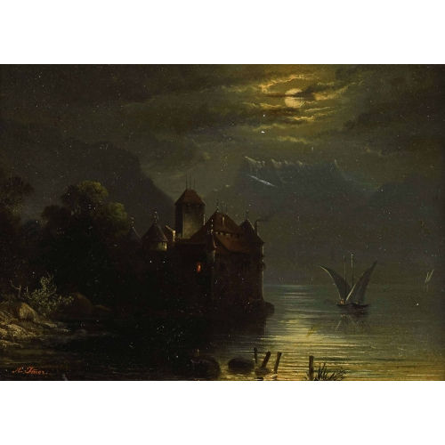 �DOUARD AUGUSTE IMER : Ch�teau Chillon et Dents du Midi au clair de lune (DOBIASCHOFSKY AUKTIONEN AG)