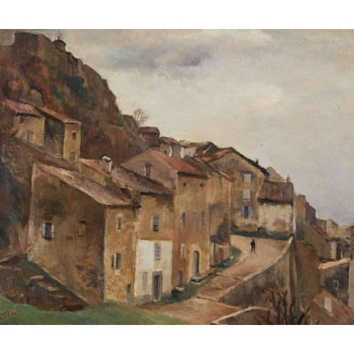 �MILE BRESSLER : Herbstliche Dorfpartie am Steilhang (DOBIASCHOFSKY AUKTIONEN AG)