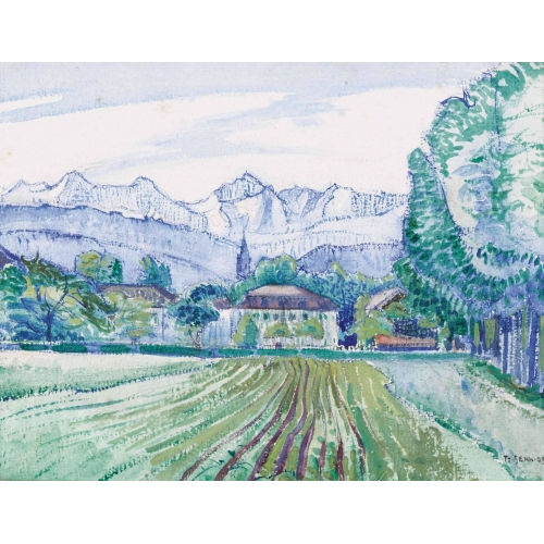 TRAUGOTT SENN : Feldlandschaft mit Blick auf die Berner Alpen (DOBIASCHOFSKY AUKTIONEN AG)