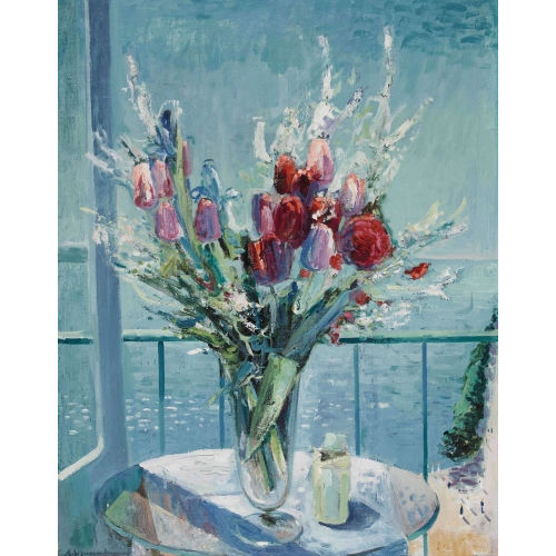 ALBERT NEUENSCHWANDER : Tulpenstrauss auf einem Balkontisch (DOBIASCHOFSKY AUKTIONEN AG)