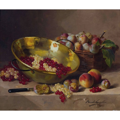 ALFRED ARTHUR BRUNEL DE NEUVILLE : Stillleben mit Johannisbeeren, Reineclaudes und Pfirsichen (DOBIASCHOFSKY AUKTIONEN AG)