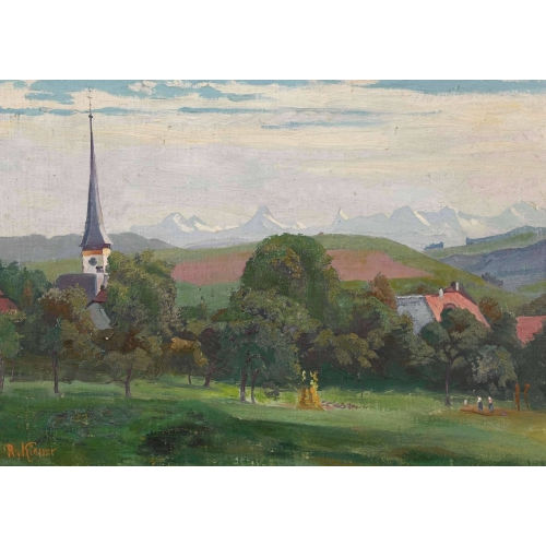 ROBERT KIENER : Sommerliche Ansicht von Bolligen und die Berner Alpen (DOBIASCHOFSKY AUKTIONEN AG)