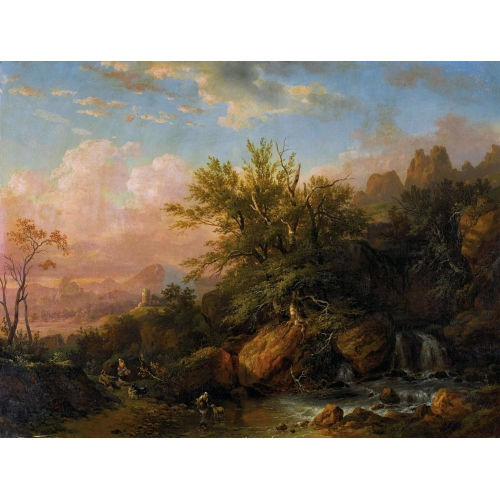 ALEXANDRE LOUIS MARIE TH�ODORE RICHARD : Idyllische Berglandschaft mit Bach und Hirten (DOBIASCHOFSKY AUKTIONEN AG)
