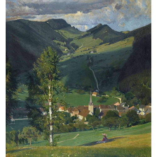 EMIL SCHILL : Weite Berglandschaft mit einem Dorf (DOBIASCHOFSKY AUKTIONEN AG)
