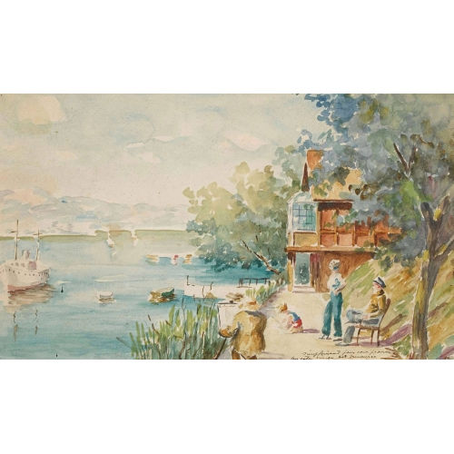 LOUIS-AM�D�E BAUDIT : Sonnige Uferpartie mit Selbstbildnis des K�nstlers (DOBIASCHOFSKY AUKTIONEN AG)