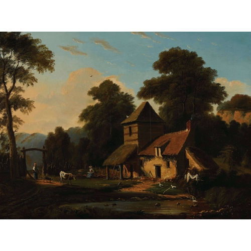 L�ON GAUD : Idyllische Bauernhofszene mit B�uerinnen im Abendlicht (DOBIASCHOFSKY AUKTIONEN AG)