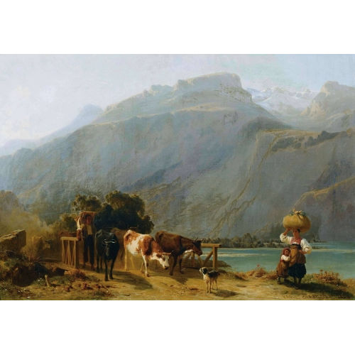 KARL GIRARDET : Bauernfamilie mit Kuhherde am Brienzersee (DOBIASCHOFSKY AUKTIONEN AG)